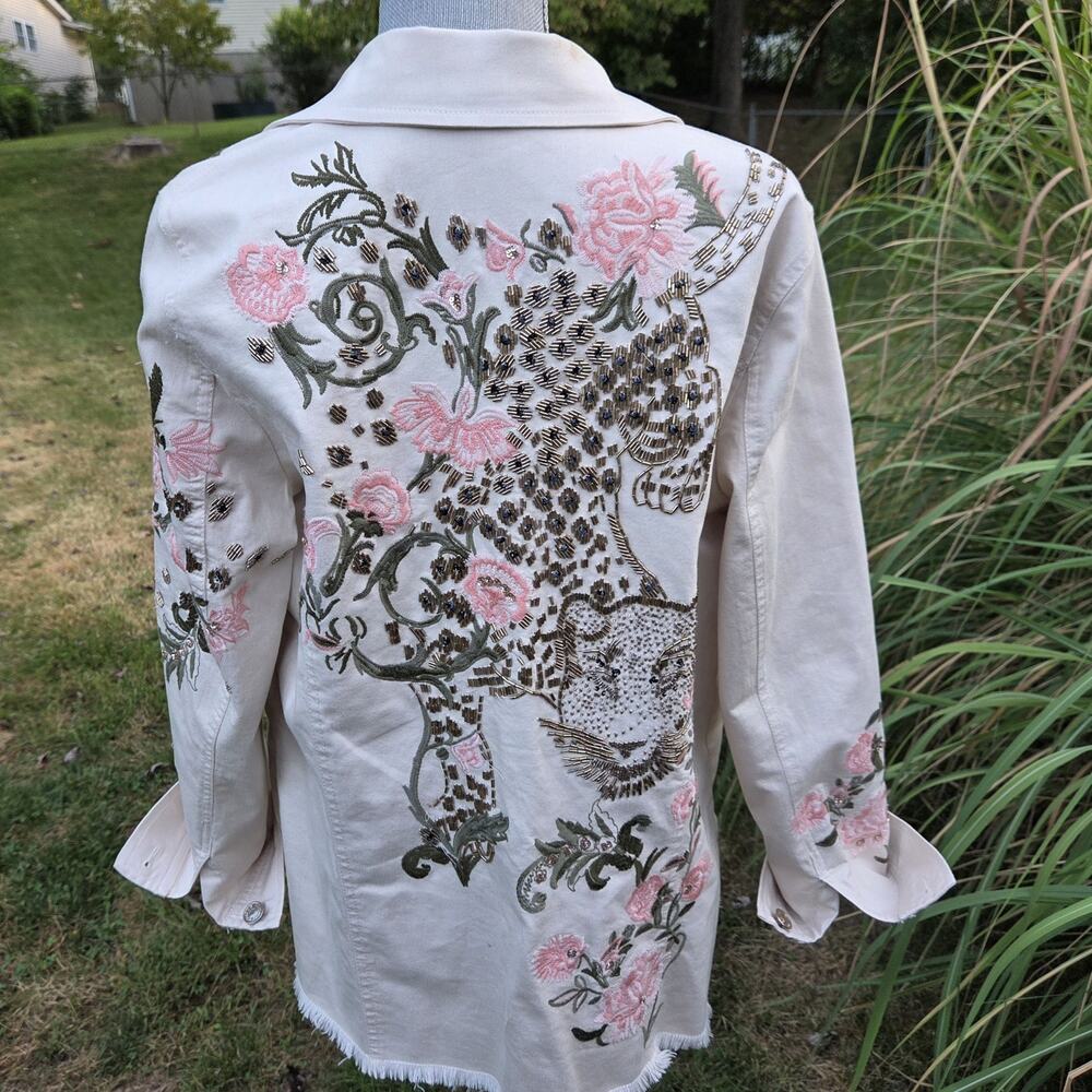 Chico’s Embroidered Leopard Denim Jacket Sz Large Beaded Floral Longline